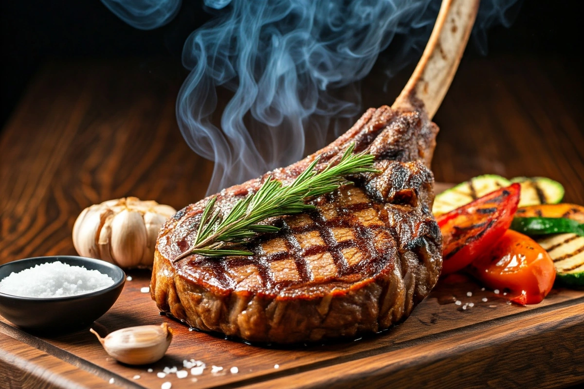 Grilled tomahawk steak with garnish on a wooden board.