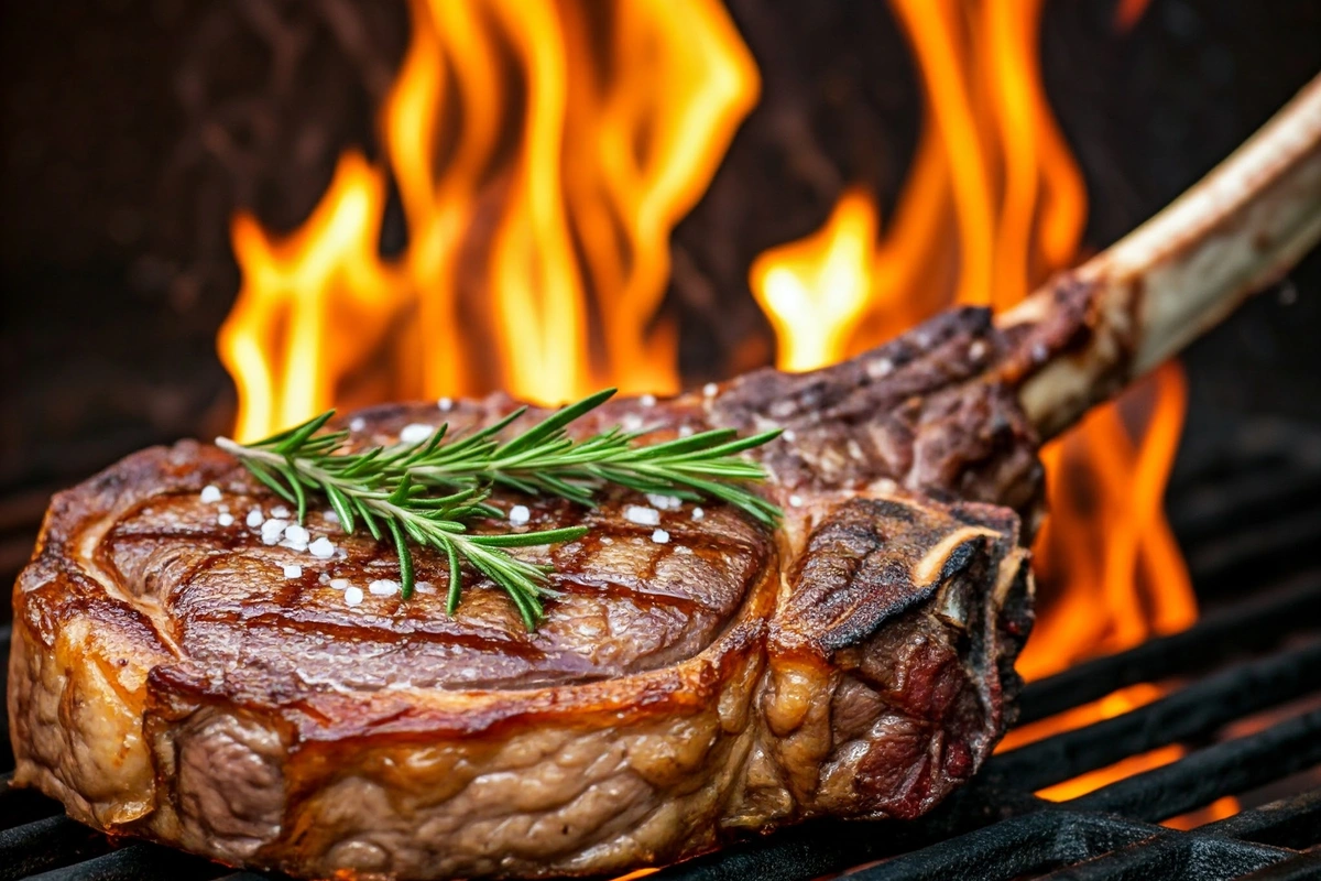 Sizzling tomahawk steak on a grill with flames and rosemary