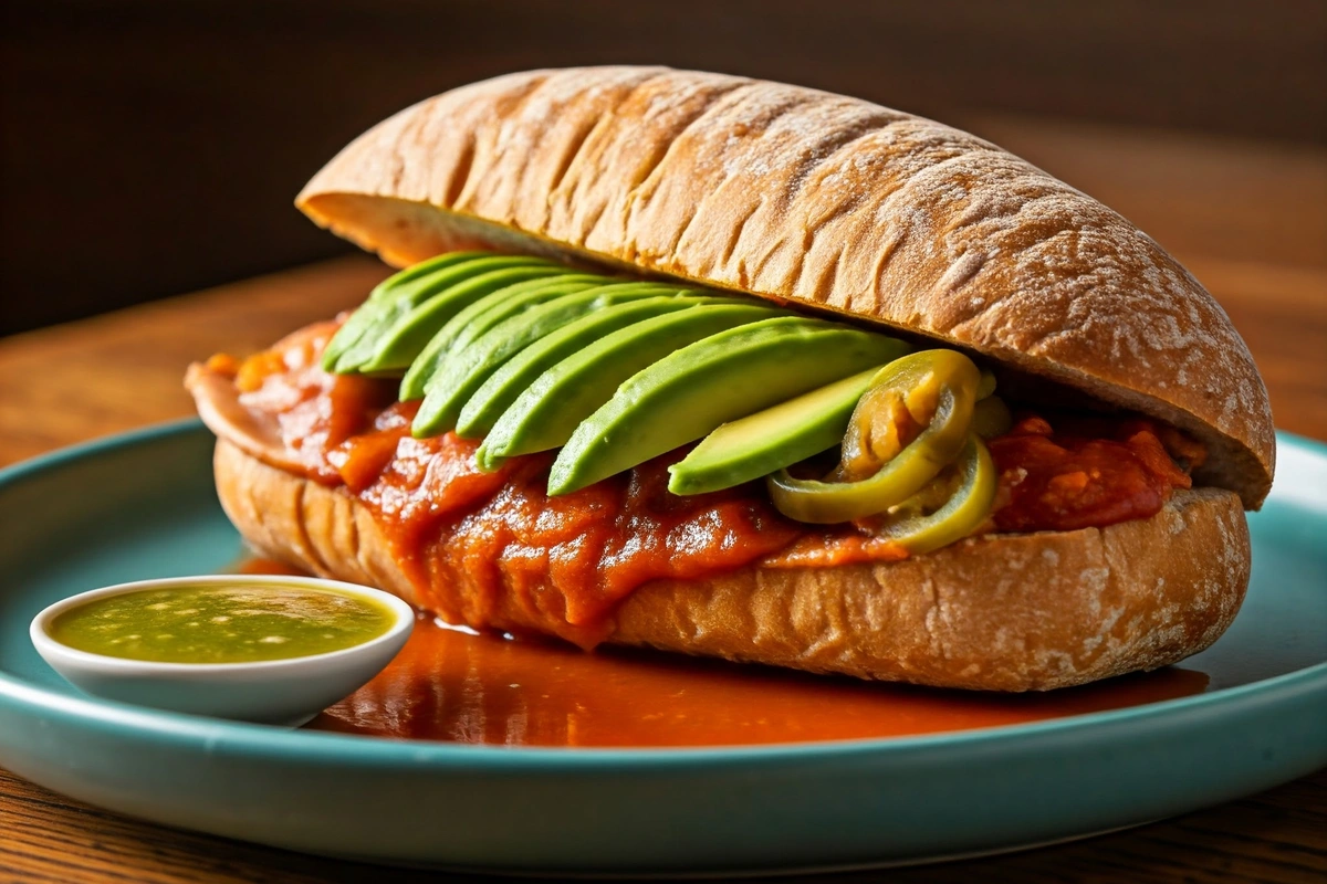 Close-up of a Mexican torta ahogada with tomato sauce and garnishes