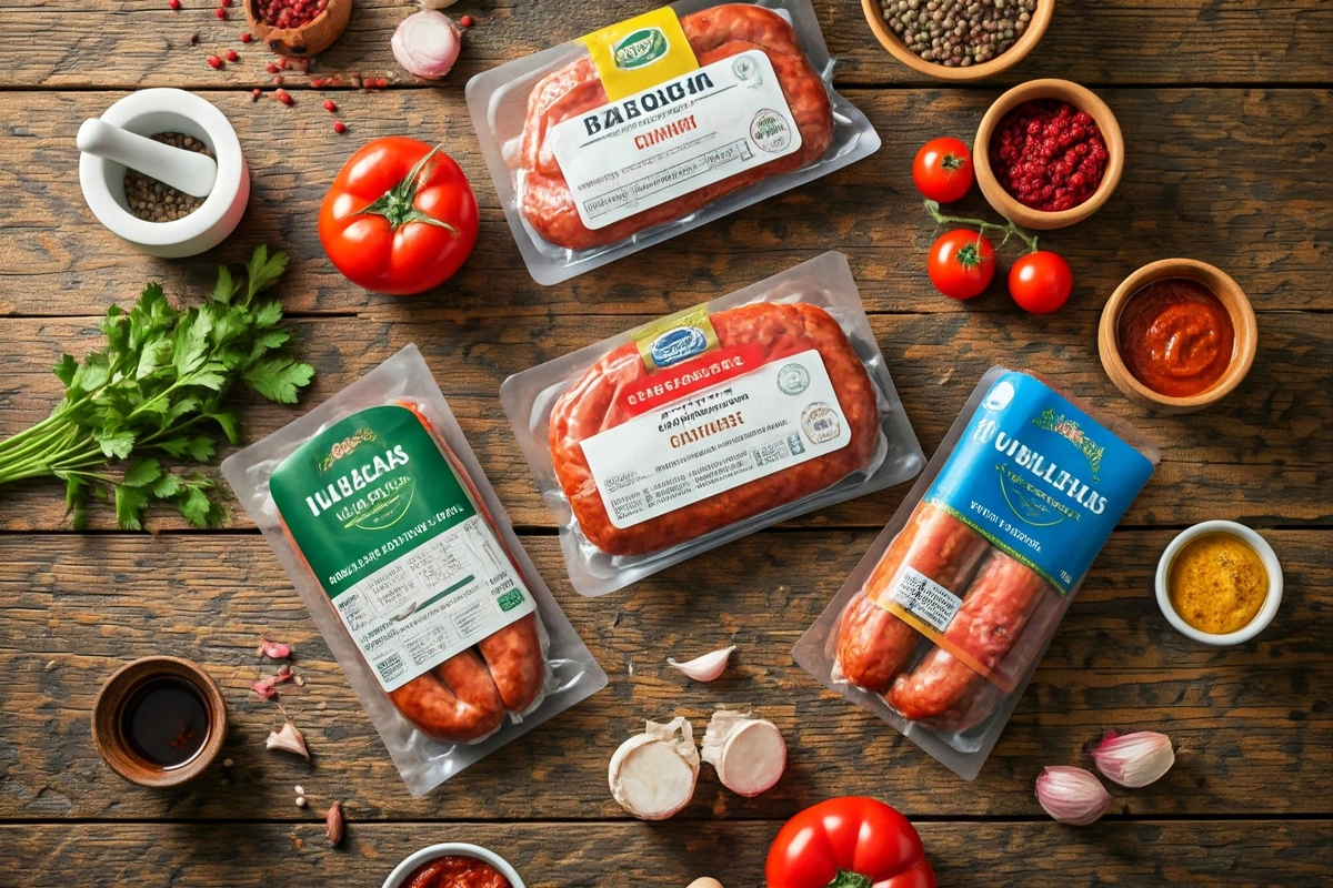 Halal-certified chorizo packages with certifications.