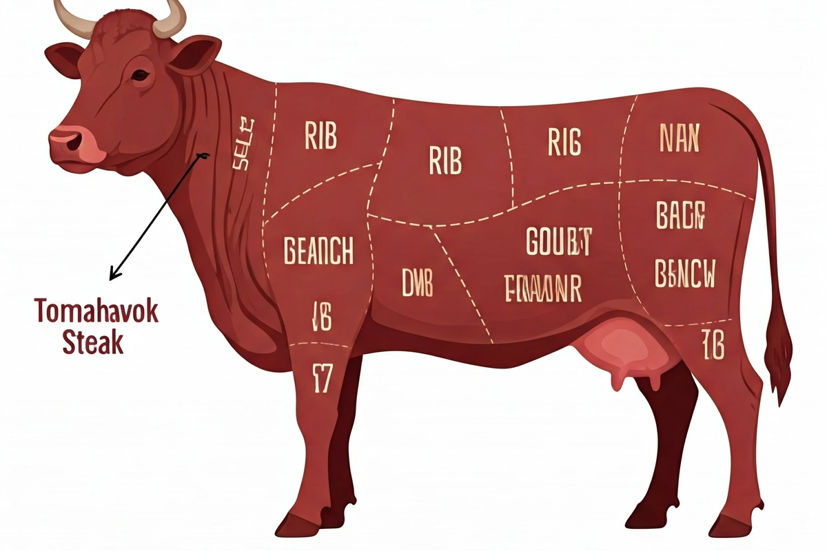 Cow diagram showing the rib primal and tomahawk steak location.