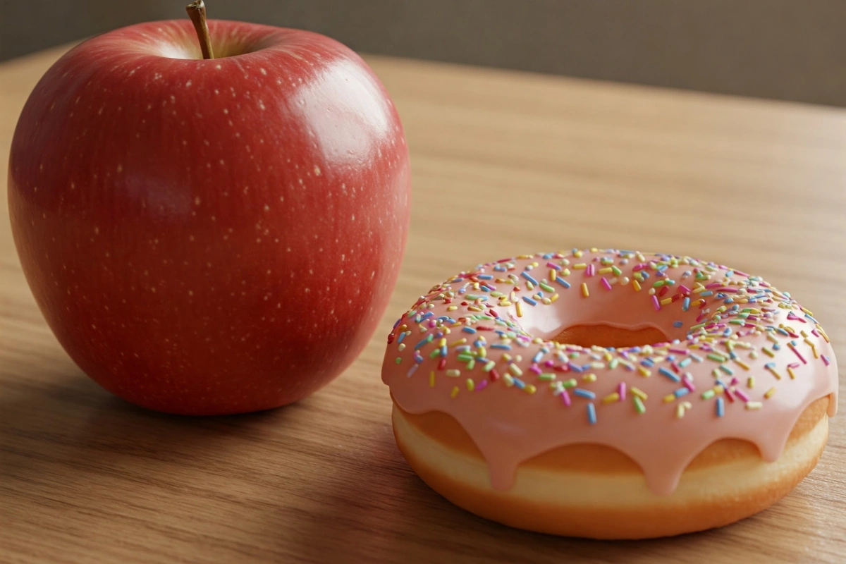 Apple and glazed donut side by side on a wooden table