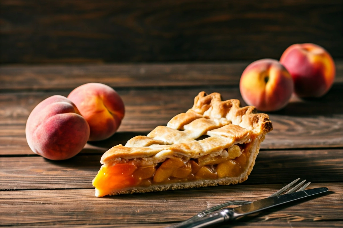 Slice of peach pie in sunlight on a rustic table