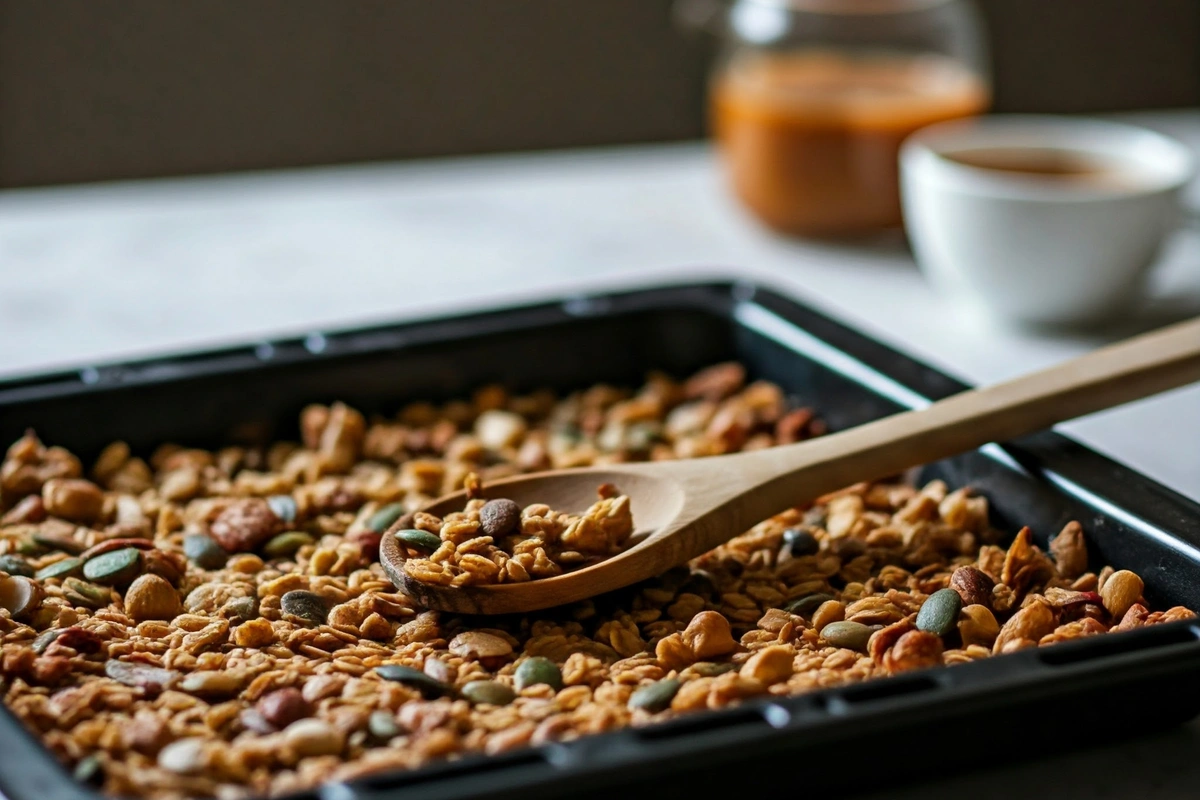 Baking tray of freshly toasted homemade granola with nuts and seeds