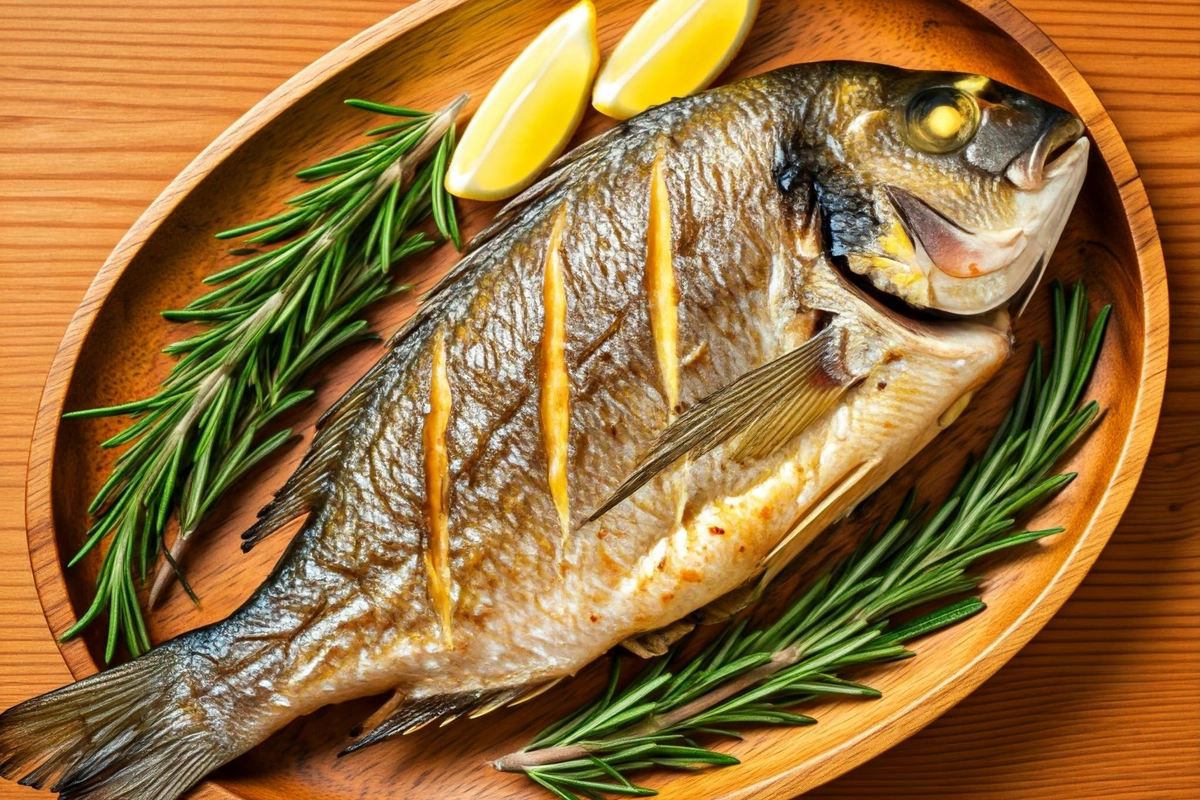 Whole roasted branzino with lemon and herbs on a rustic table