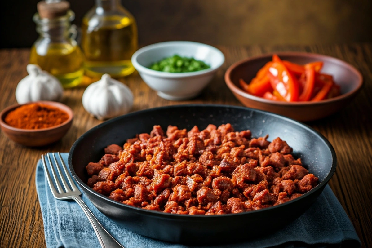 Fried chorizo crumbles with onions and peppers in a skillet