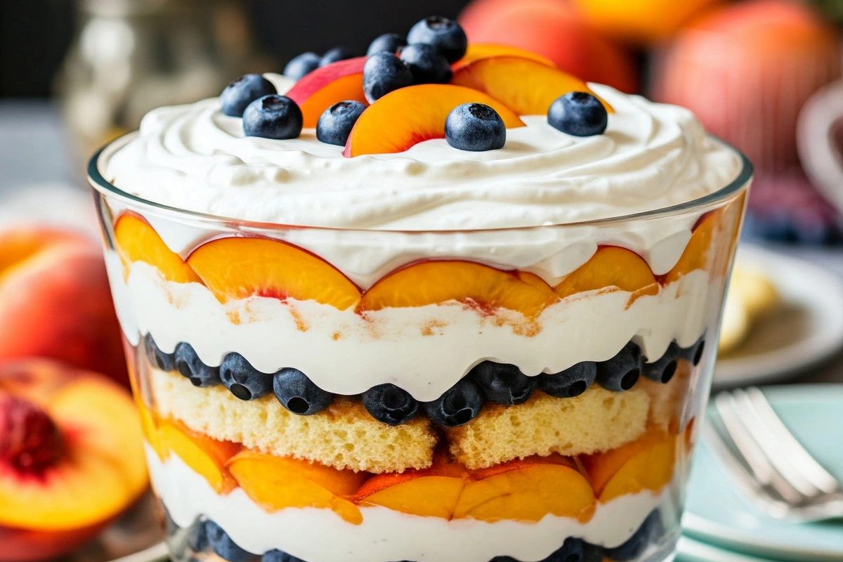 Layered peach and blueberry trifle in a glass bowl.