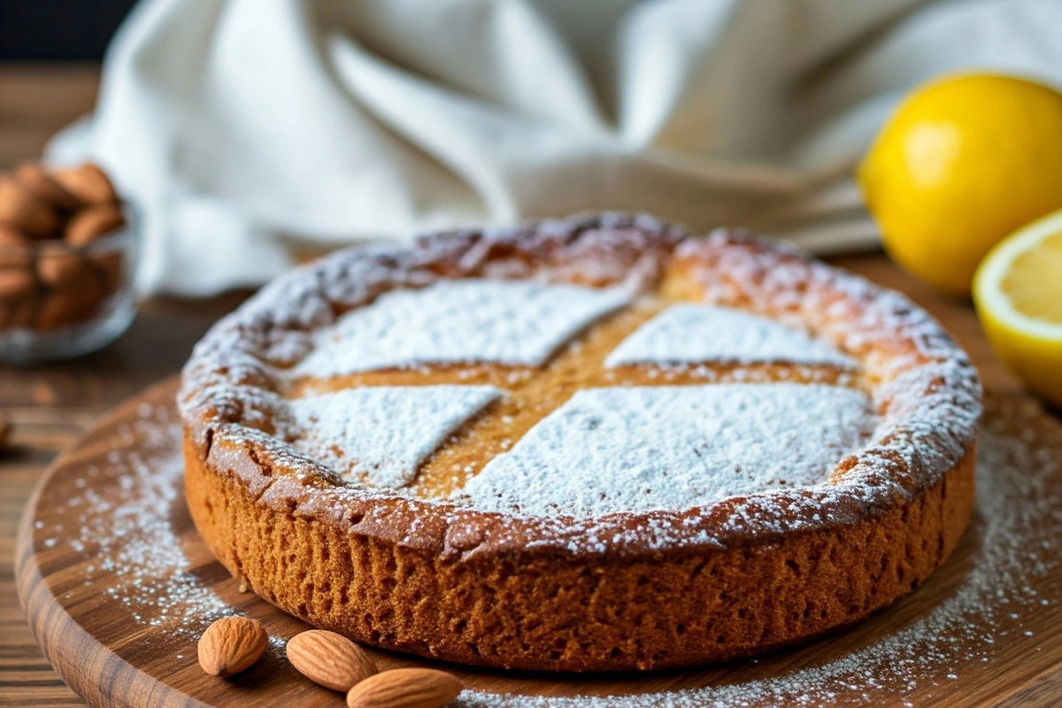  Spanish torta de Santiago dusted with powdered sugar and surrounded by almonds