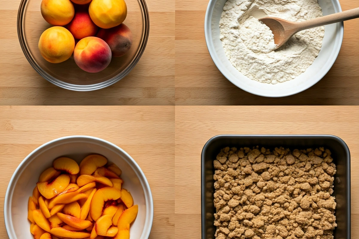 Peach crisp preparation with peaches, dry ingredients, and a baking dish.