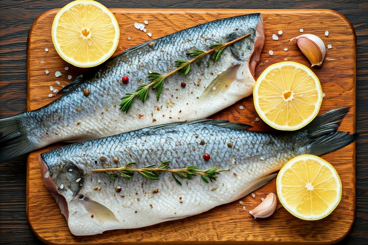 Branzino fillets seasoned with herbs, lemon, and garlic