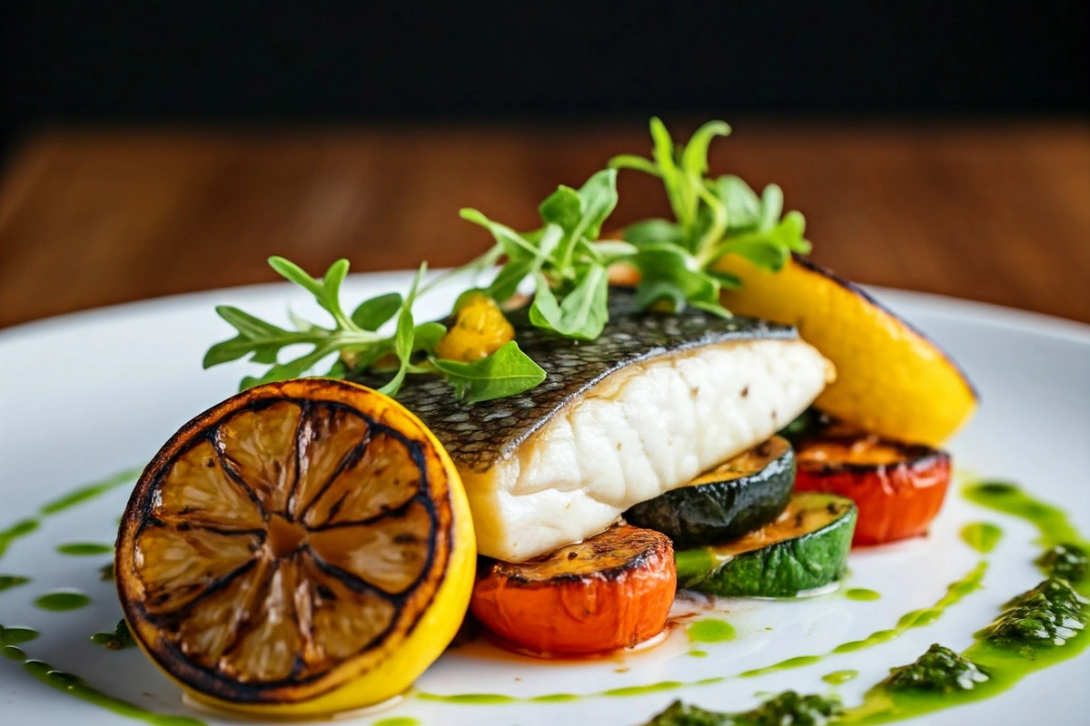 Plated branzino with roasted vegetables and herb sauce