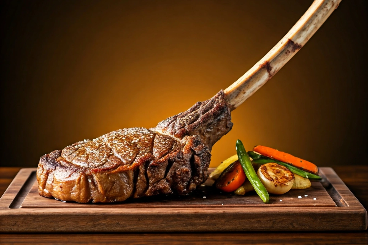 Tomahawk steak served on a wooden board with roasted vegetables