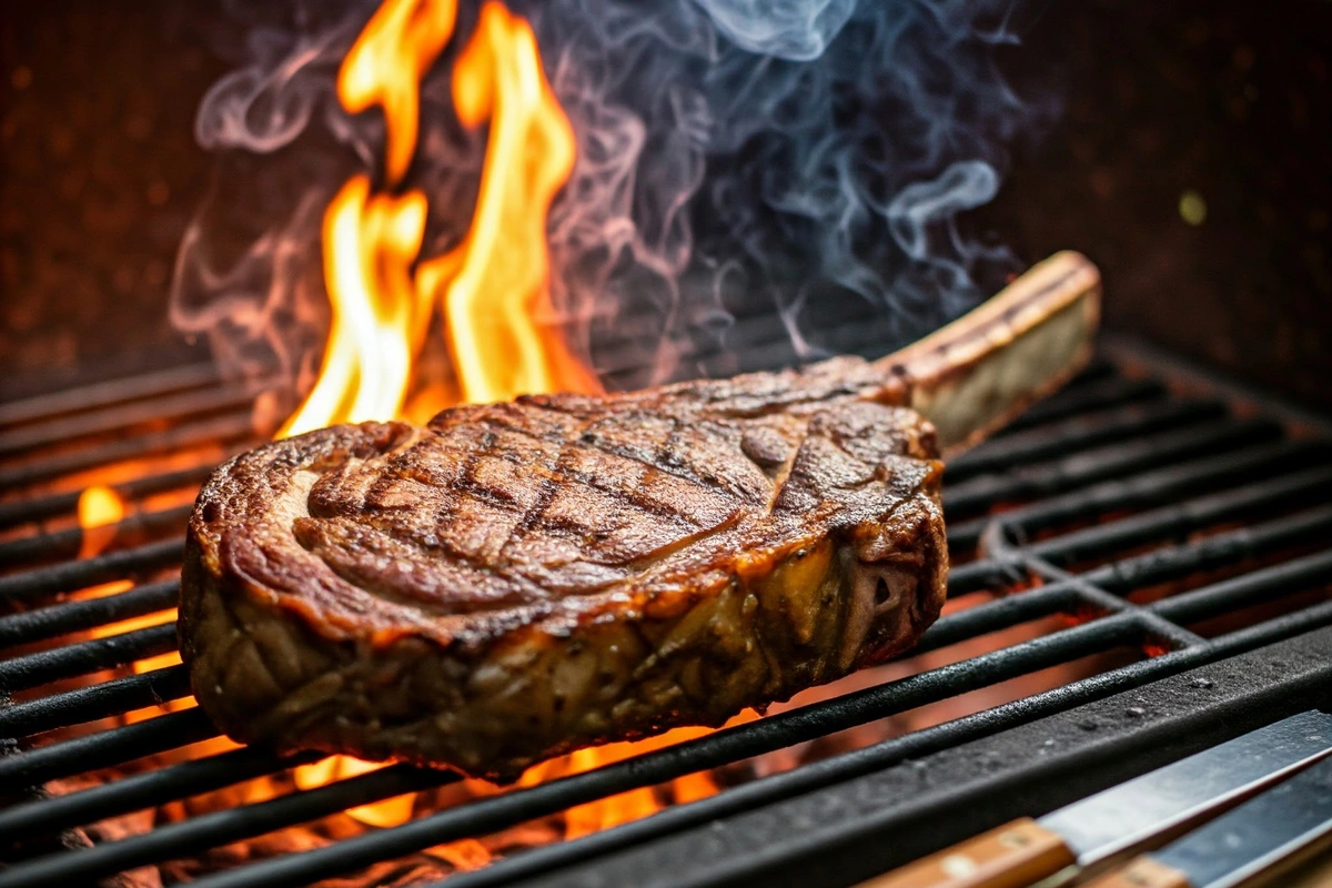 Tomahawk steak sizzling on a grill with flames.
