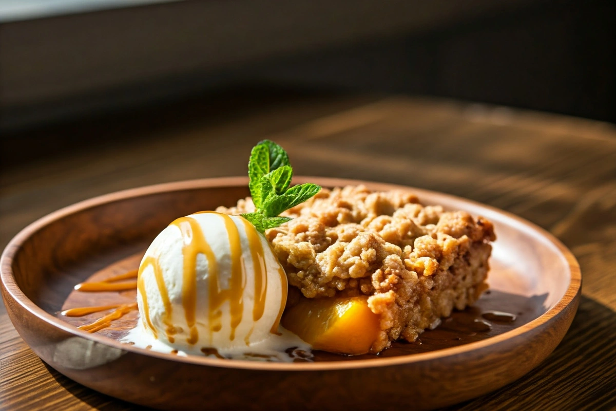 Plated peach crisp with vanilla ice cream and caramel drizzle