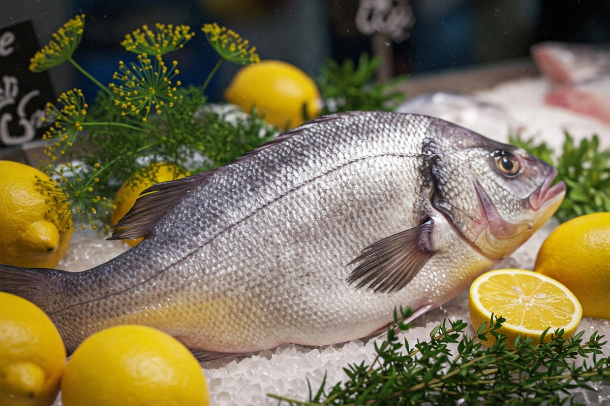 Fresh branzino fish on ice at a Mediterranean market