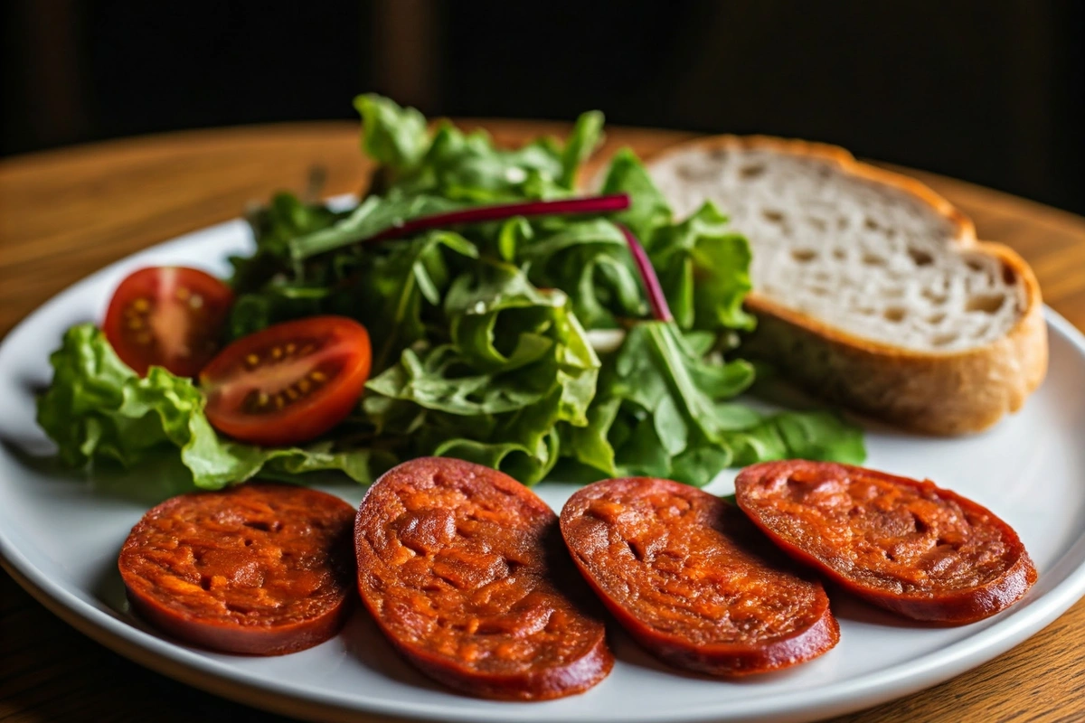 Halal chorizo dish with fresh greens and bread.