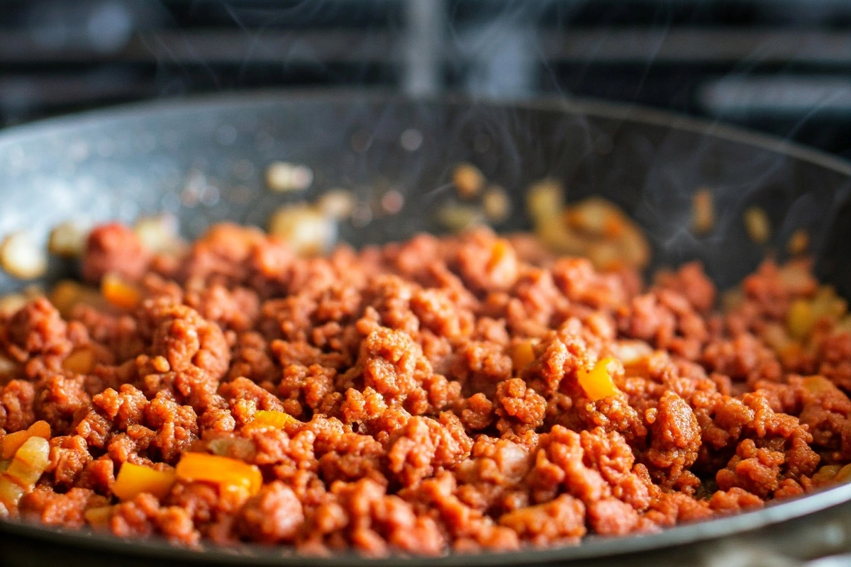 Chorizo crumbles cooking in a skillet with onions and peppers