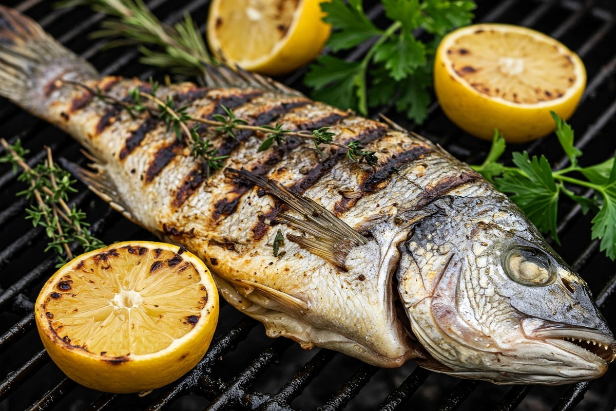 Branzino fish grilling on a barbecue with lemon and herbs