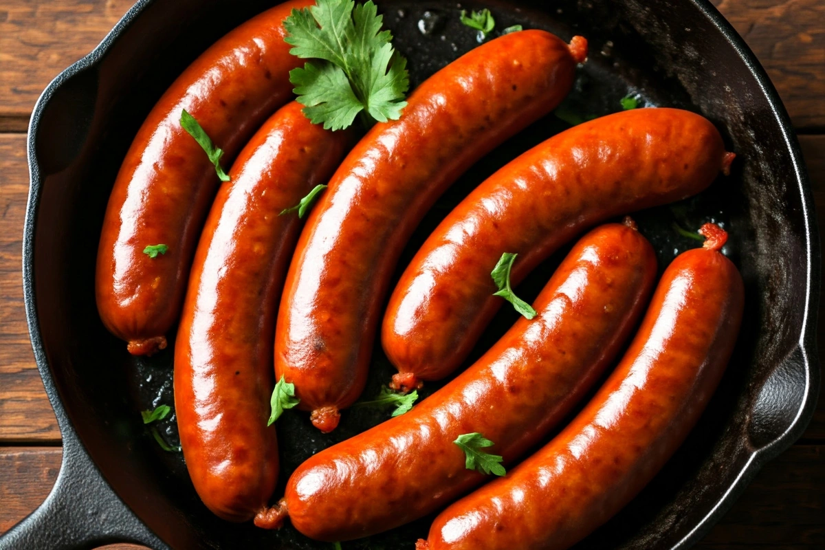 Sizzling chorizo sausages in a cast-iron skillet