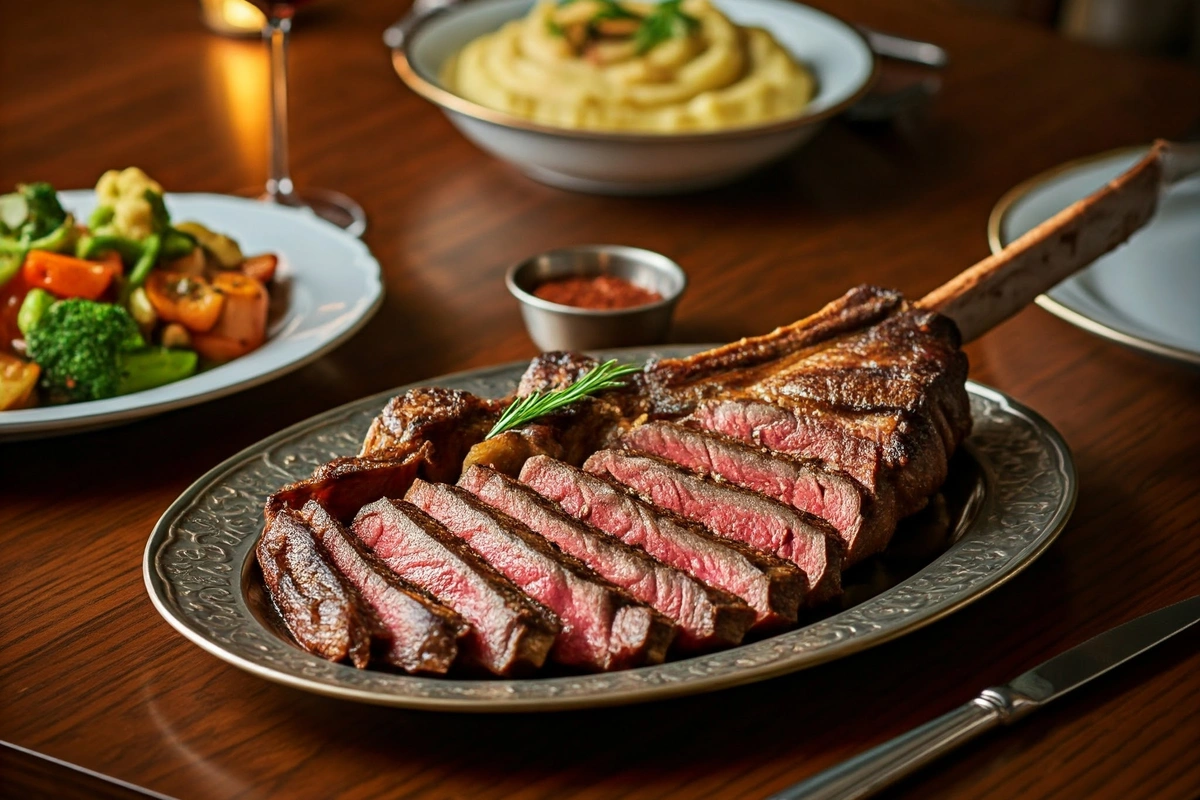 Sliced tomahawk steak served with side dishes