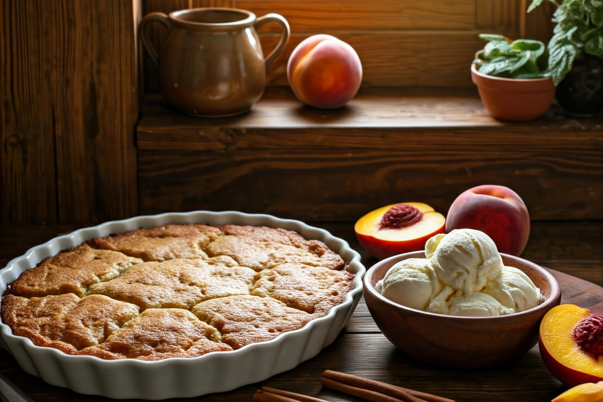 Rustic peach cobbler with fresh peaches and ice cream