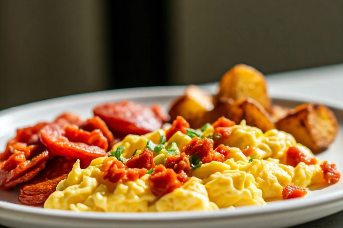 Breakfast plate with scrambled eggs, chorizo, and potatoes