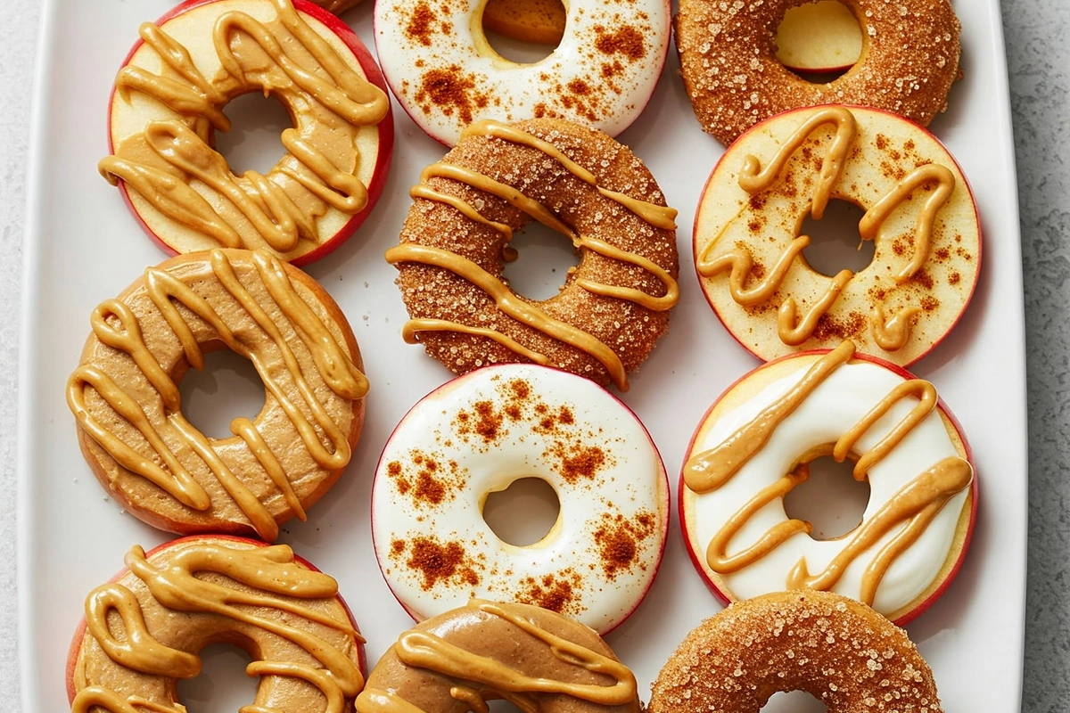 Donut-shaped apple slices with various sweet and savory toppings