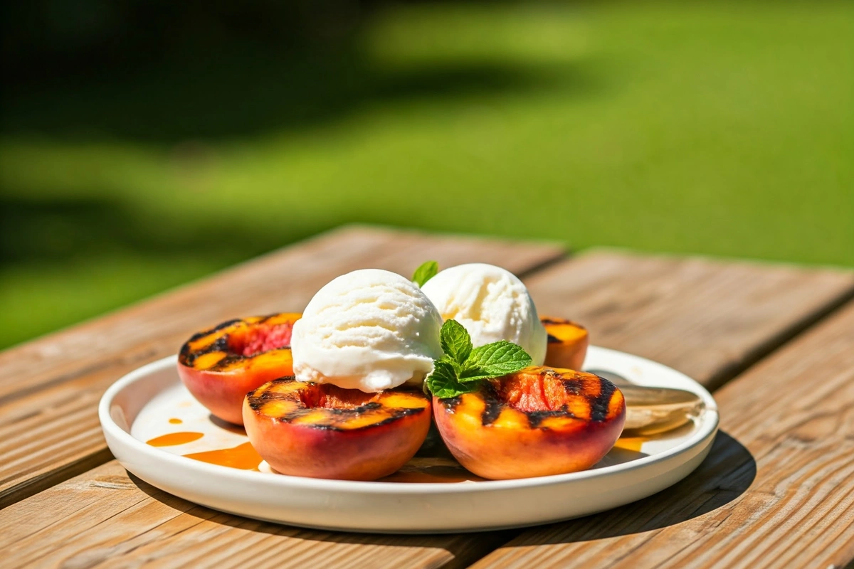 Grilled peaches with caramel and ice cream on a picnic table.