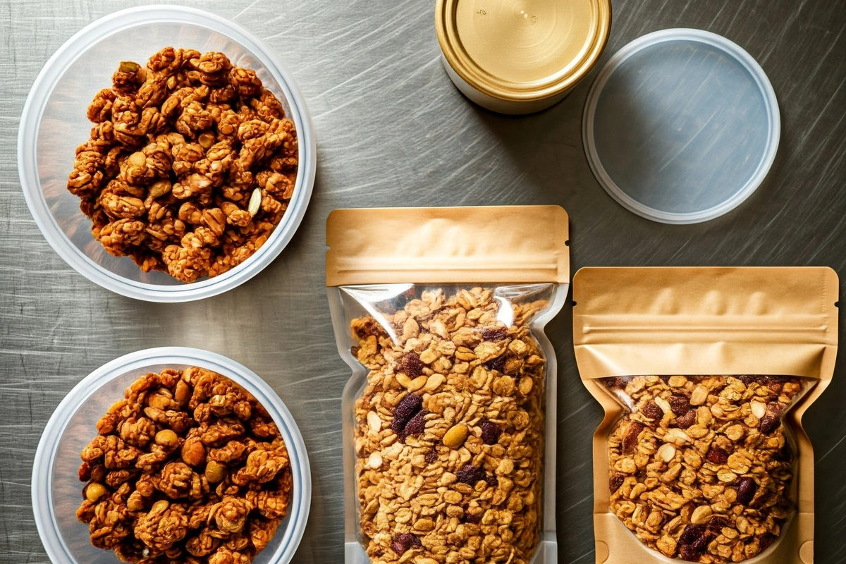 Airtight containers and bags of homemade granola.

