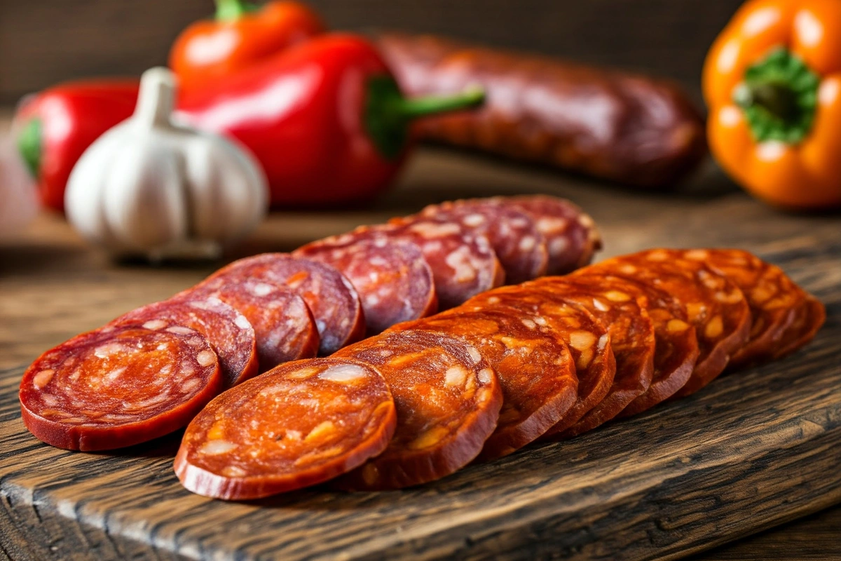 Sliced Spanish and Mexican chorizo on a wooden board