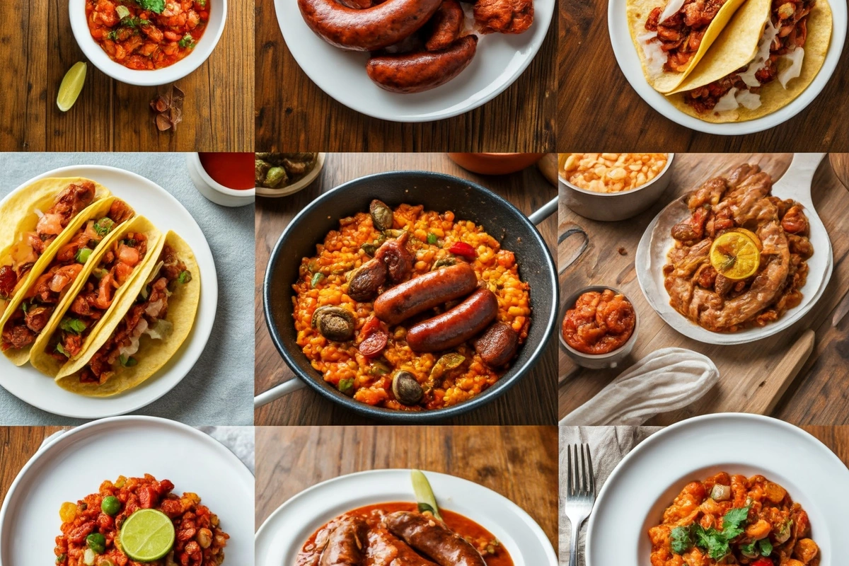 Assorted chorizo-based dishes displayed on a table