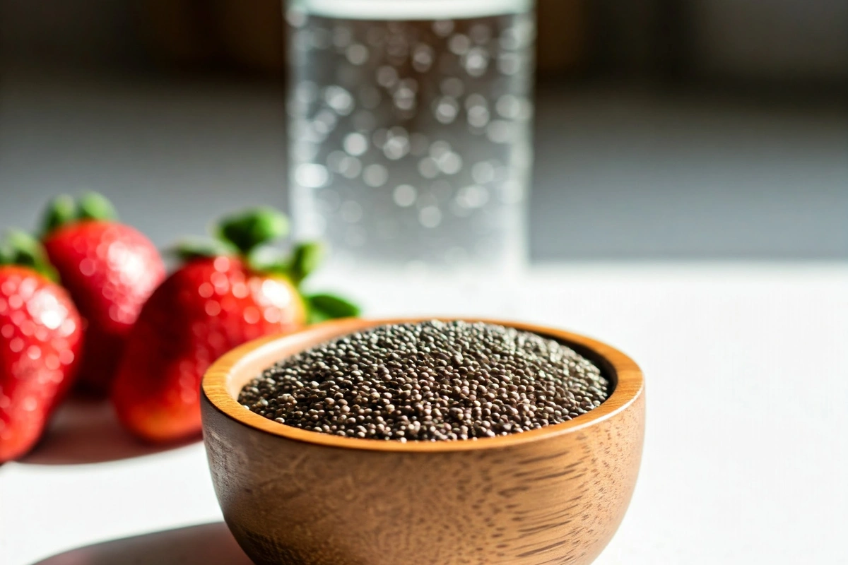 Chia seeds in a wooden bowl on a kitchen counter