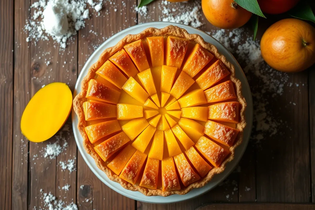 Golden-baked mango pie surrounded by fresh mangoes