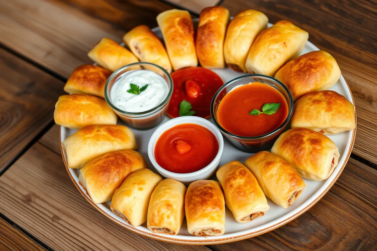 Plate of golden pizza rolls with dipping sauces