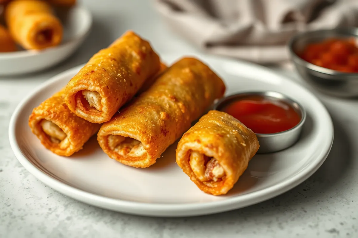 Plate of crispy, golden air-fried pizza rolls with marinara sauce