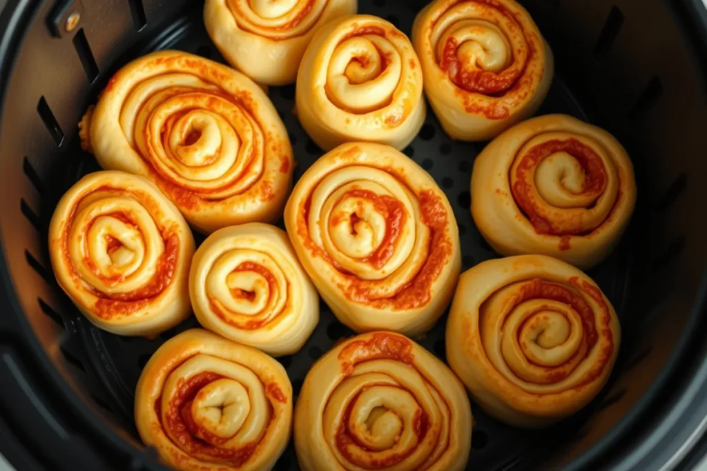 Pizza rolls cooking in air fryer basket
