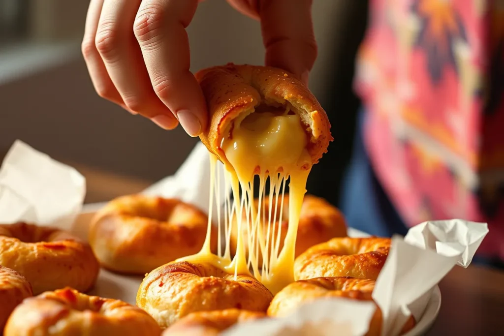 Person taking a hot pizza roll from a plate