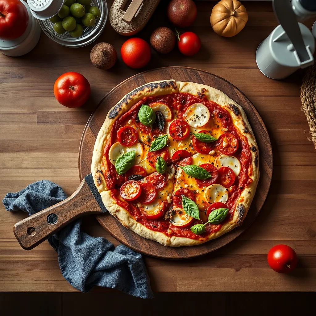 where is rolled pizza from shown in a close-up overhead shot