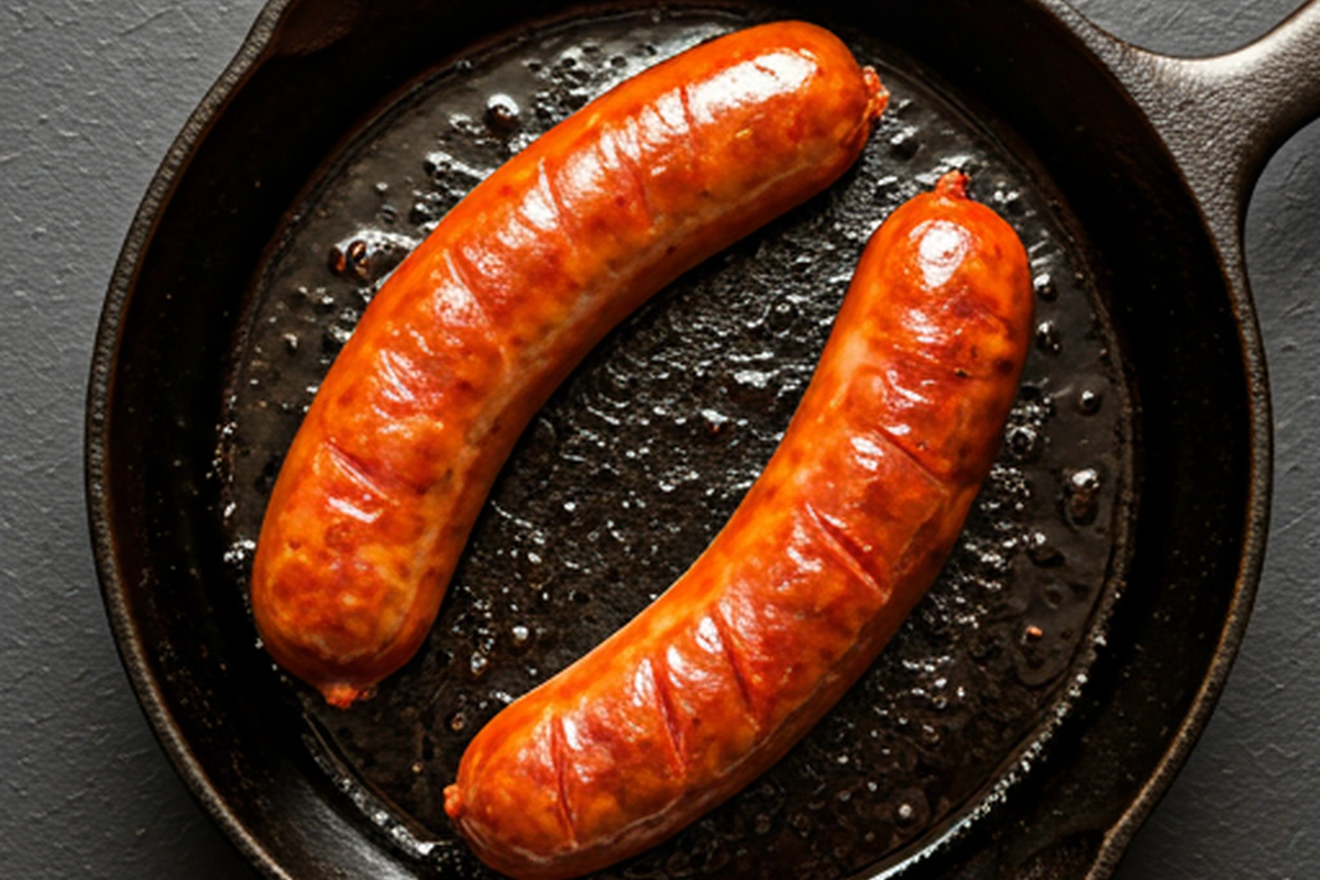 Sizzling chorizo sausages in a cast-iron skillet