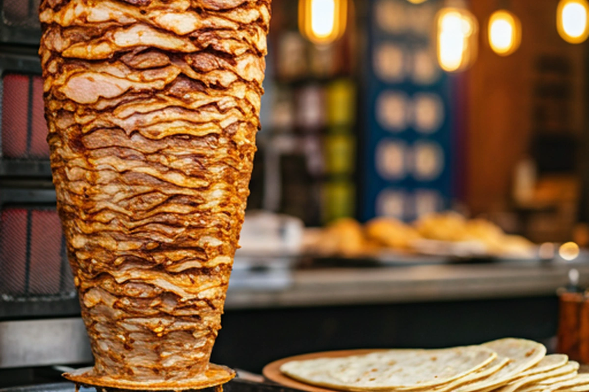 Vertical spit of marinated pork with wheat flatbreads in a Mexican marketplace