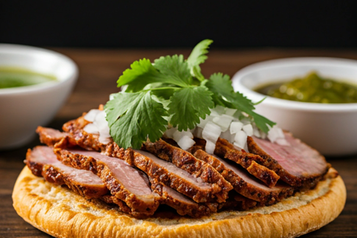 Close-up of sliced pork on pan árabe with onions, cilantro, and salsa