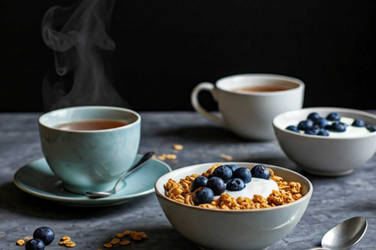 Thawed homemade granola with berries and yogurt in a bowl.

