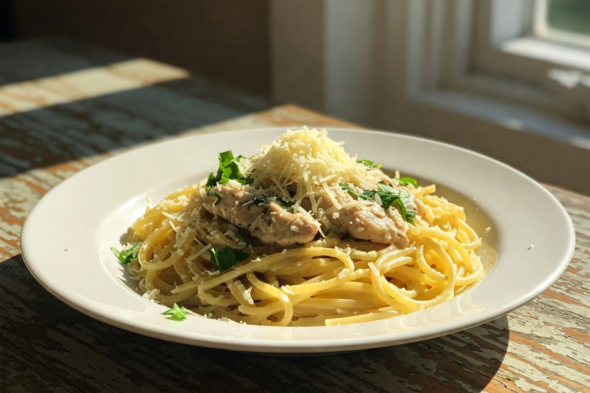 Moist chicken spaghetti with creamy sauce and herbs