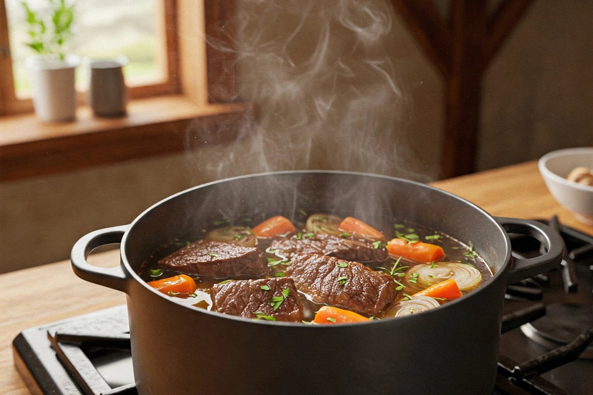 Beef soup in a pot with fresh herbs and vegetables