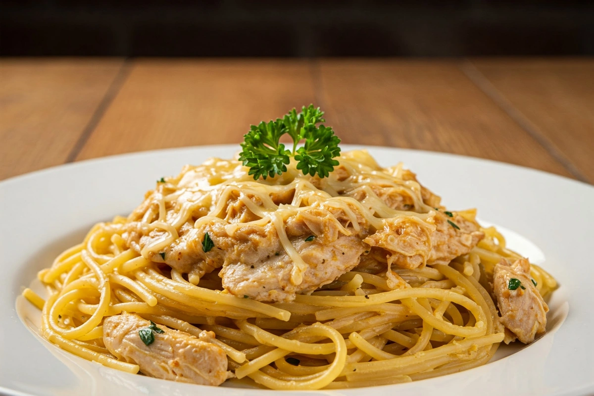 Chicken spaghetti on a plate with cheese and parsley