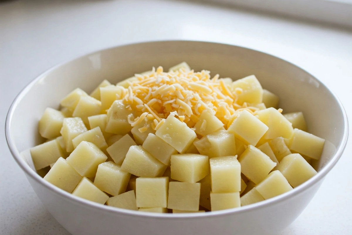 Step-by-step cheesy potato casserole preparation.