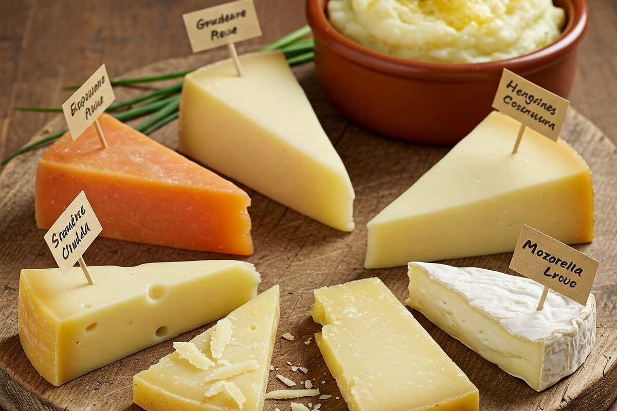  A selection of cheeses best for potatoes on a wooden board.