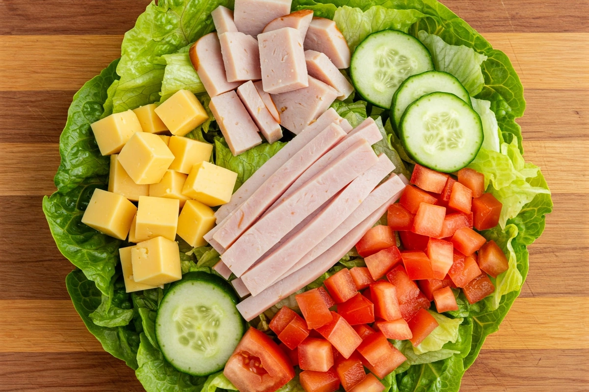 Fresh chef’s salad ingredients arranged on a board