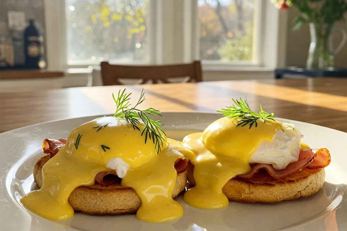 Perfectly plated Eggs Benedict with Hollandaise sauce