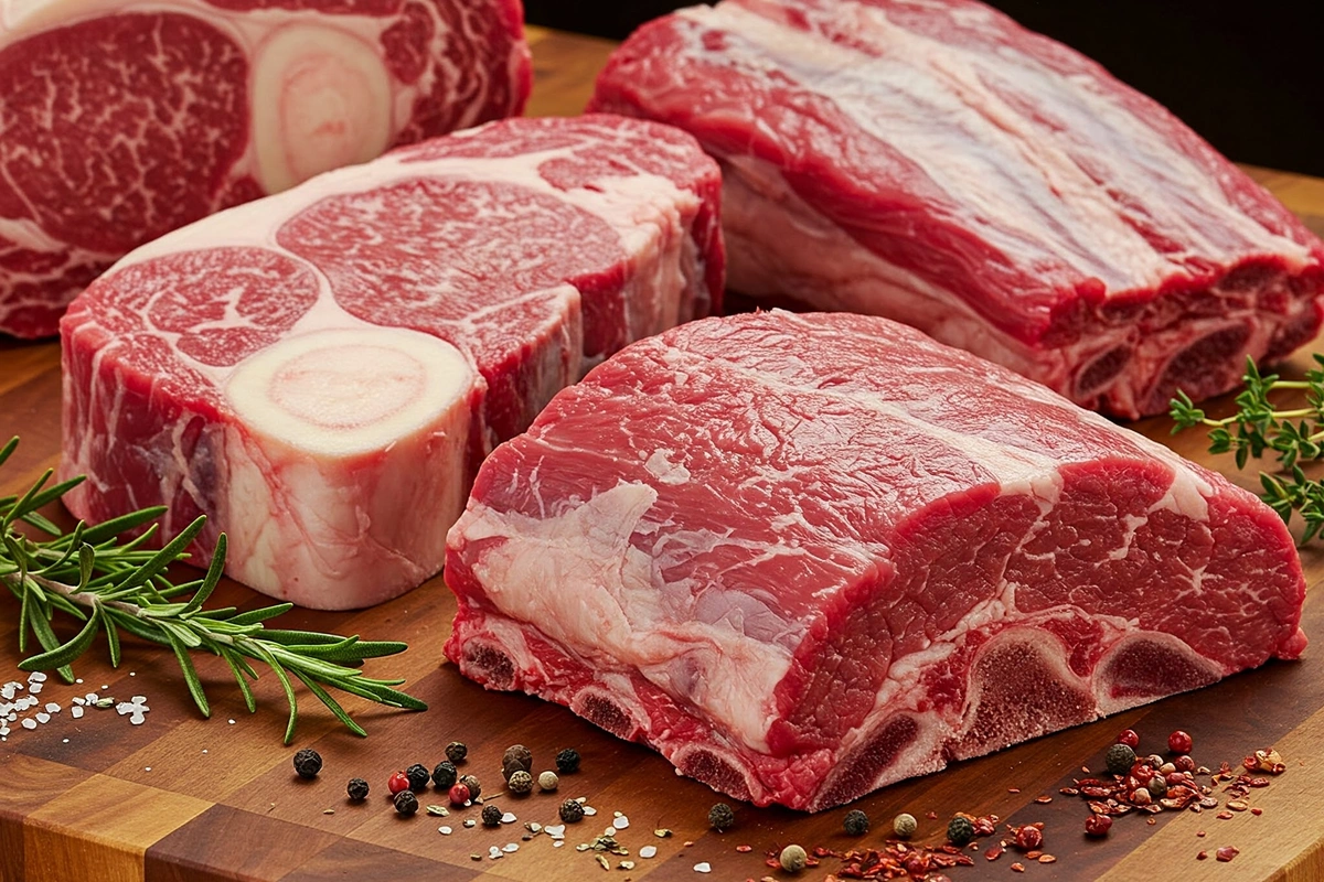 Raw beef shank, chuck roast, and short ribs on a wooden board